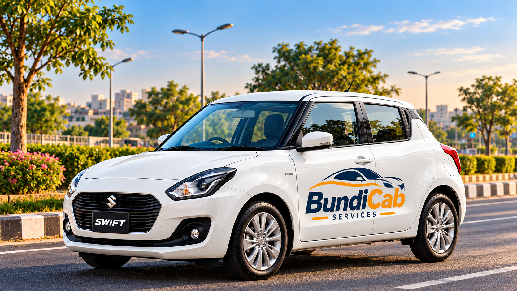 Bundi local taxi Swift on a sunny city road