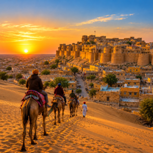 Camel caravan at Jaisalmer sunset