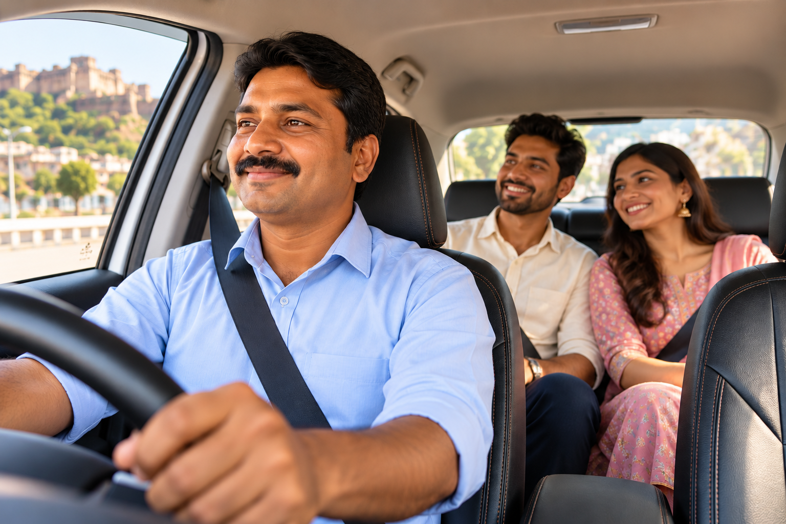 Travellers enjoying a scenic cab ride with Bundi Cab Service