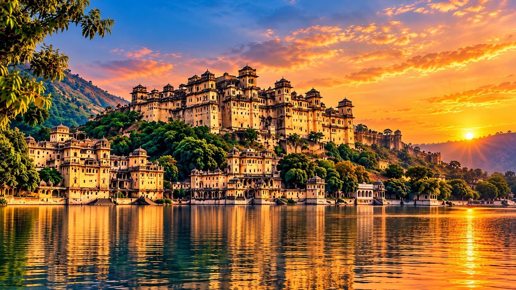 Sunset palace reflected on the lake in Rajasthan